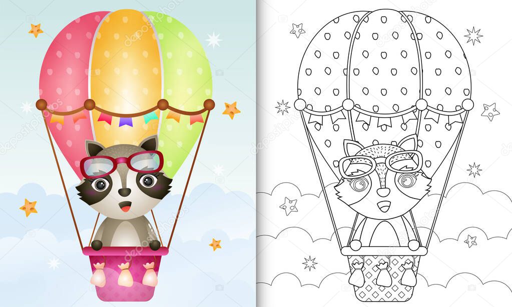coloring book for kids with a cute raccoon on hot air balloon