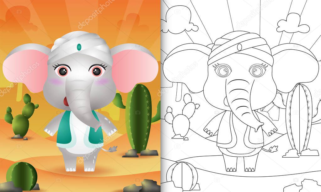coloring book for kids themed ramadan with a cute elephant using arabic traditional costume