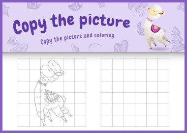 resim çocuk oyunu ve boyama sayfasını sevimli bir alpaka karakter illüstrasyonuyla kopyala