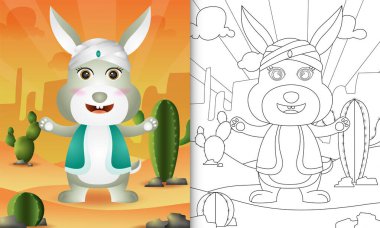 Çocuklar için boyama kitabı. Ramazan temalı. Geleneksel Arap kostümü giyen şirin bir tavşan.