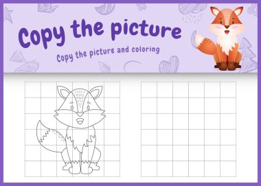 Resim çocuk oyunu ve boyama sayfasını şirin bir tilki karakteri çizimi ile kopyala