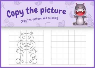 Resim çocuk oyunu ve boyama sayfasını şirin bir hipopotam karakter çizimi ile kopyala