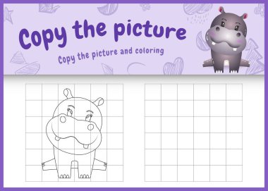 Resim çocuk oyunu ve boyama sayfasını şirin bir hipopotam karakter çizimi ile kopyala