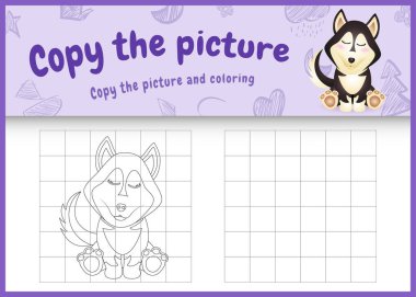 resimli çocuk oyunu ve boyama sayfasını şirin bir köpek karakteri çizimi ile kopyala