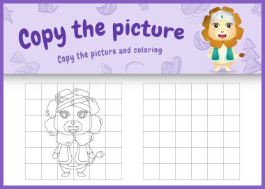 Geleneksel Arap kostümü giyen şirin bir aslanla resim çocuk oyununu ve boyama sayfası temalı ramazanı kopyala