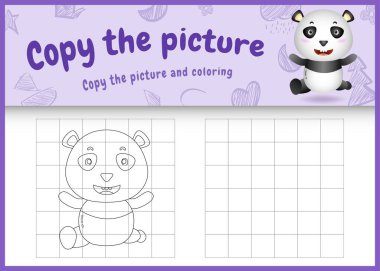 Resim çocuk oyunu ve boyama sayfasını şirin bir panda karakter çizimi ile kopyala