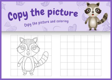 copy the picture kids game and coloring page with a cute raccoon character illustration