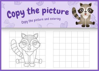 copy the picture kids game and coloring page with a cute raccoon character illustration