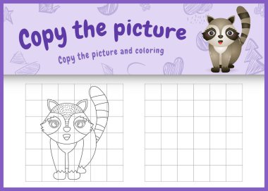 copy the picture kids game and coloring page with a cute raccoon character illustration