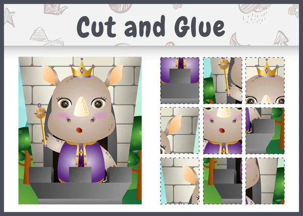 Children Board Game Cut Glue Cute King Rhino Character Illustration — Archivo Imágenes Vectoriales