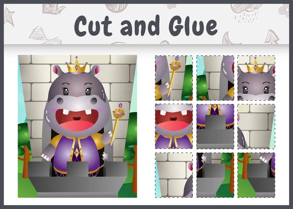 Children Board Game Cut Glue Cute King Hippo Character Illustration — Vettoriale Stock