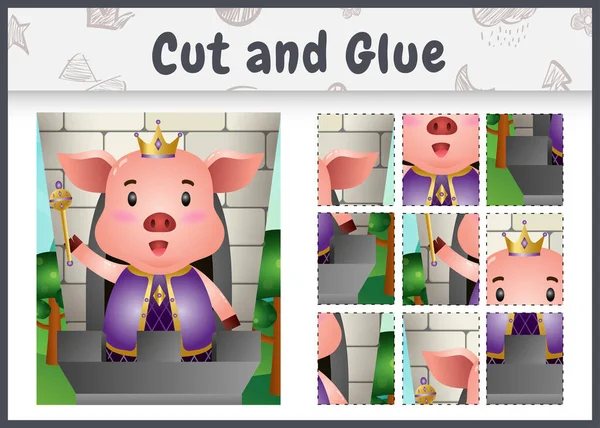 Children Board Game Cut Glue Cute King Pig Character Illustration — Stockvector