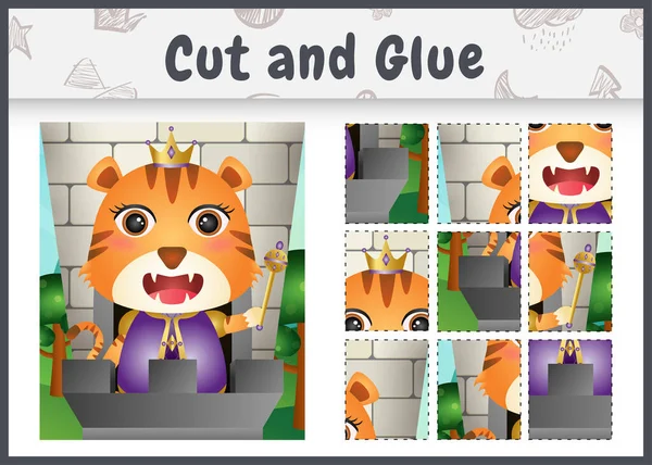 Gyerekek Társasjáték Vágott Ragasztó Egy Aranyos Király Tigris Karakter Illusztráció — Stock Vector