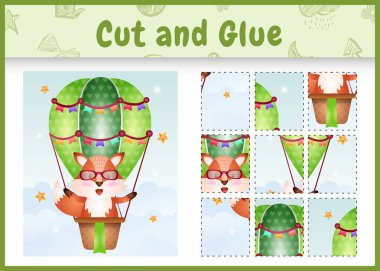 Children board game cut and glue with a cute fox on hot air balloon