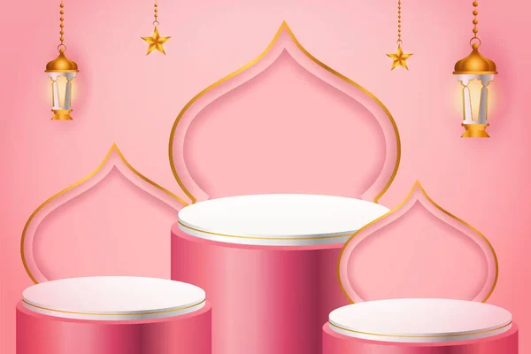 3D ürün pembe ve beyaz podyum temalı altın fenerli ve ramazan yıldızı