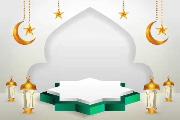 Affichage Produits Vert Blanc Podium Thème Islamique Avec Croissant Lune — Image vectorielle