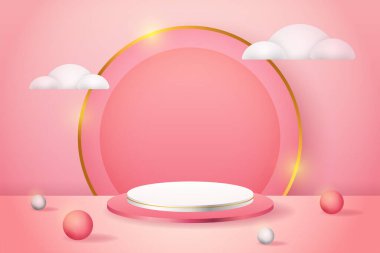 3D ürün, daireleri ve beyaz bulutları olan pembe ve beyaz podyum sergiliyor