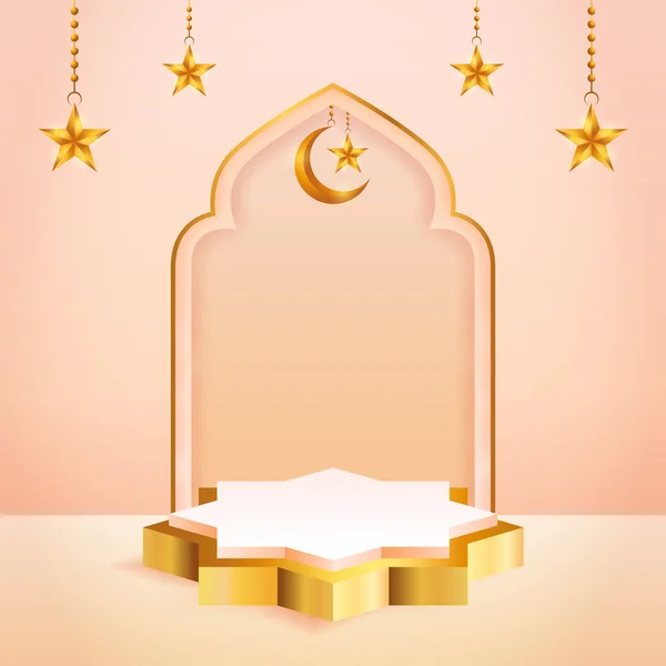 Produktdisplay Persika Färg Och Guld Podium Tema Islamisk Med Halvmåne — Stock vektor