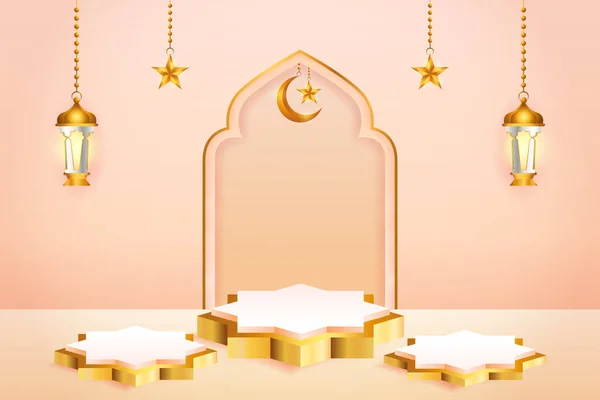 Produktdisplay Persika Färg Och Guld Podium Tema Islamisk Med Halvmåne — Stock vektor