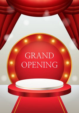 3D ürün kırmızı ve beyaz podyum büyük açılış şablonu ve perdeleri