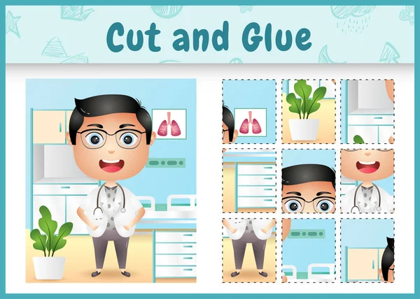 Children Board Game Cut Glue Cute Boy Doctor Character Illustration — Stock vektor