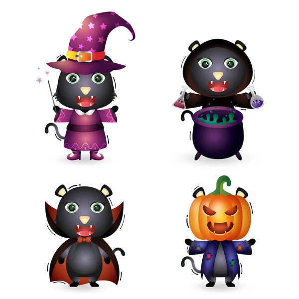 Carino Gatto Nero Con Costume Halloween Personaggio Collezione — Vettoriale Stock