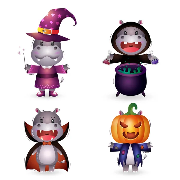 Carino Ippopotamo Con Costume Halloween Personaggio Collezione — Vettoriale Stock