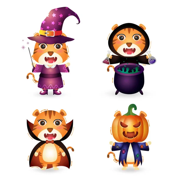 Carino Tigri Con Costume Halloween Personaggio Collezione — Vettoriale Stock