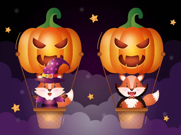 Cute Fox Halloween Costume Pumpkin Air Balloon — Stok Vektör