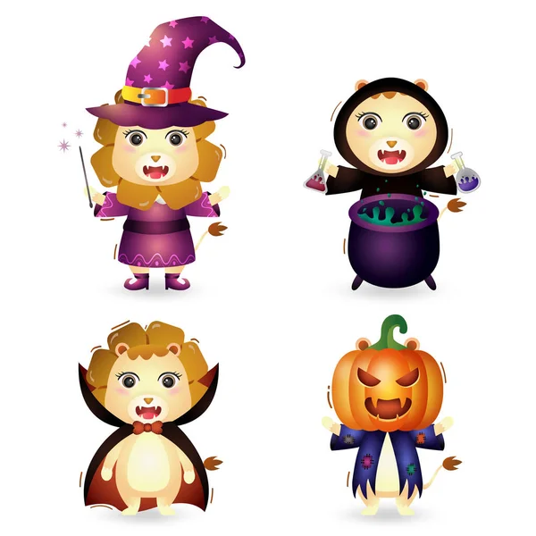 Carino Leoni Con Costume Halloween Personaggio Collezione — Vettoriale Stock
