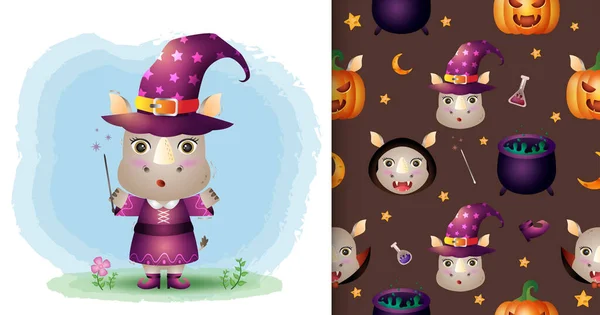 a cute rhino with costume halloween character collection. seamless pattern and illustration designs