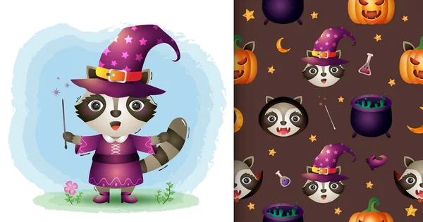 a cute raccoon with costume halloween character collection. seamless pattern and illustration designs