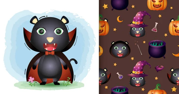 Cadılar Bayramı Karakter Koleksiyonu Olan Sevimli Siyah Bir Kedi Kusursuz — Stok Vektör