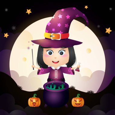 Tatlı bir cadılar bayramı çizgi filminin tasviri. Ay 'ın önünde duran genç cadı.