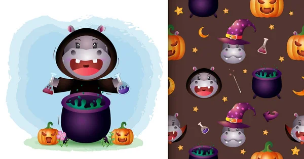 Lindo Hipopótamo Con Traje Bruja Colección Personajes Halloween Patrones Sin — Vector de stock