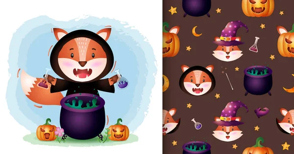 a cute fox with witch costume halloween character collection. seamless pattern and illustration designs