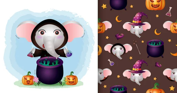 a cute elephant with witch costume halloween character collection. seamless pattern and illustration designs