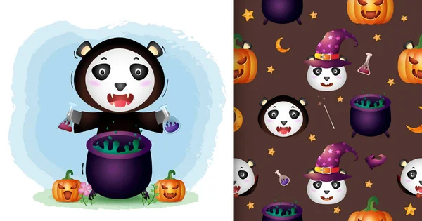 a cute panda with witch costume halloween character collection. seamless pattern and illustration designs