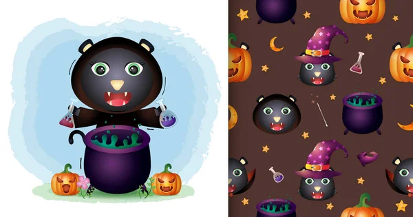 a cute black cat with witch costume halloween character collection. seamless pattern and illustration designs