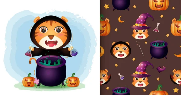 Söt Tiger Med Häxa Kostym Halloween Karaktär Samling Sömlösa Mönster — Stock vektor