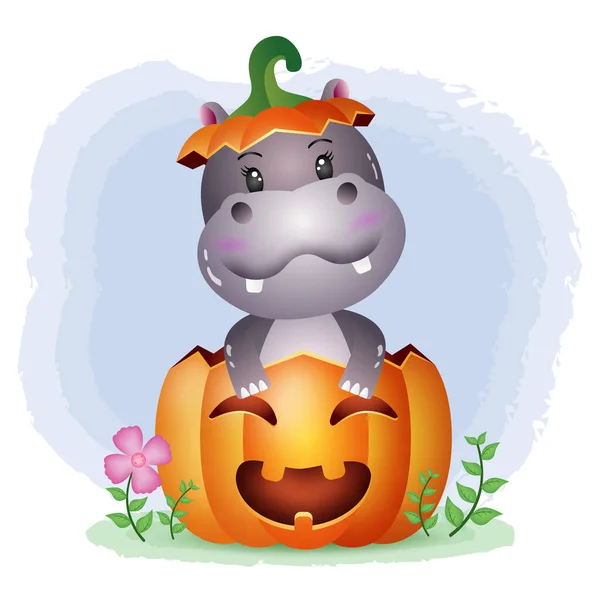 Hipopótamo Bonito Abóbora Halloween — Vetor de Stock