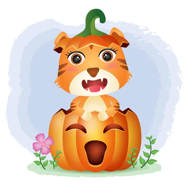 Tigre Bonito Abóbora Halloween — Vetor de Stock