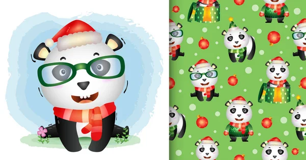 Ένα Χαριτωμένο Panda Χαρακτήρες Χριστούγεννα Καπέλο Σάντα Και Μαντήλι Αδιάλειπτη — Διανυσματικό Αρχείο