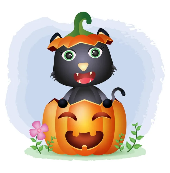 Chat Noir Mignon Dans Citrouille Halloween — Image vectorielle