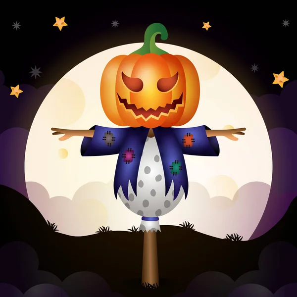 Ilustración Una Linda Caricatura Halloween Espantapájaros Pie Suelo Frente Luna — Archivo Imágenes Vectoriales