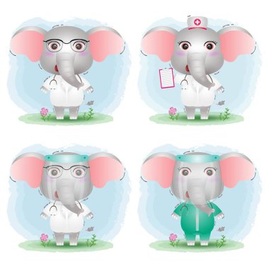 Tıbbi ekip doktoru ve hemşire kostüm koleksiyonu olan sevimli bir fil.