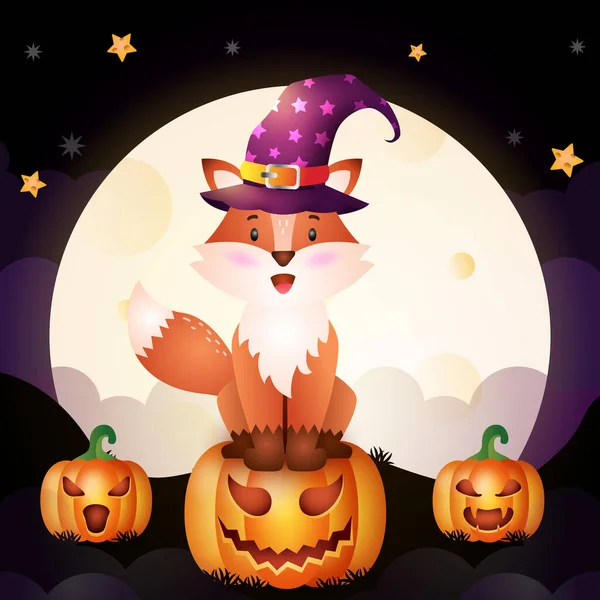 かわいい漫画ハロウィン魔女狐のイラストが月の前にカボチャに立つ — ストックベクタ