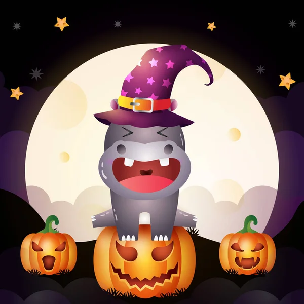 Illustration Dessin Animé Mignon Halloween Sorcière Hippopotame Stand Sur Citrouille — Image vectorielle