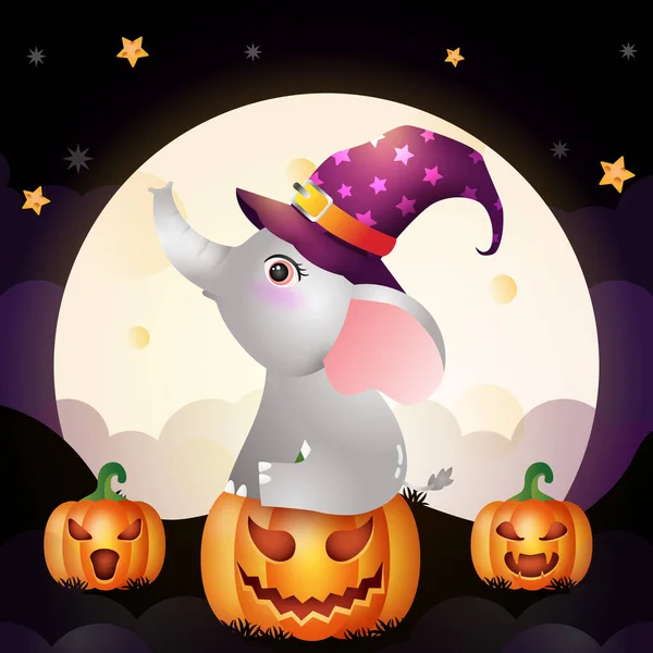 Ilustración Una Linda Caricatura Halloween Witch Elephant Stand Pumpkin Front — Archivo Imágenes Vectoriales