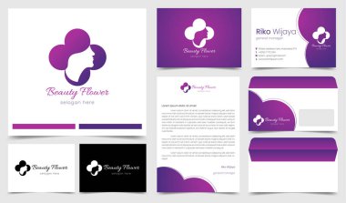Şirketin kimliğine sahip güzellik ve moda logosu: kartvizit, antet ve zarf